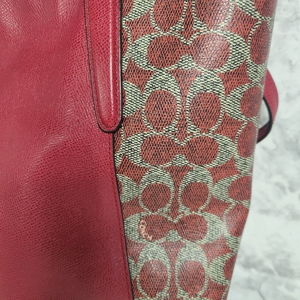Coach Red Pebbled Leather Signature Canvas Tote Bag Silver Hardware - Picture 3 of 12